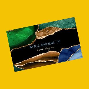 Cartão De Visita Elegante Ágata Dourado Azul Verde Designer
