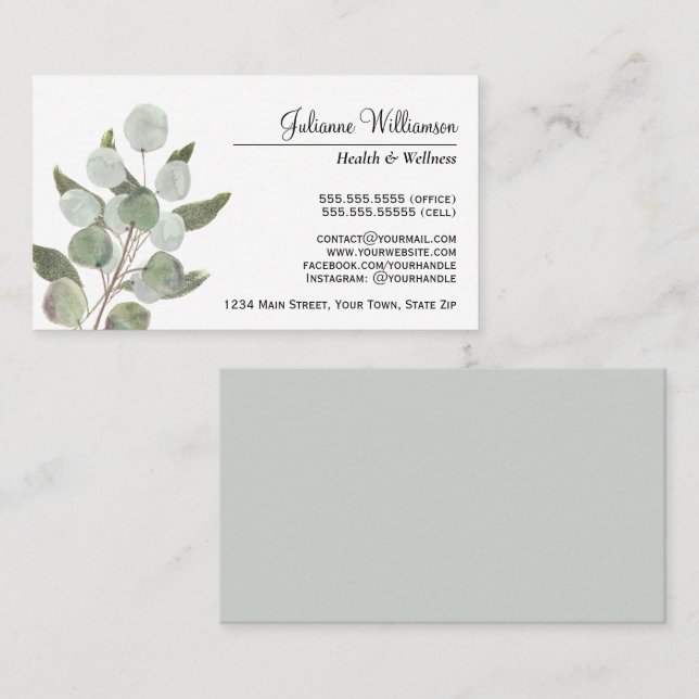 Cartão De Visita Elegante Aquarela Eucalyptus Deixa Feminina (Frente/Verso)
