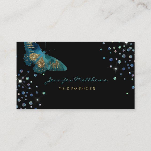 Cartão De Visita Elegante Aquarela Teal & Dourada Borboleta Glitter (Frente)