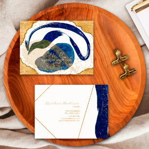 Cartão De Visita Elegante Azul Marinho Dourado Brilho Único Aquarel