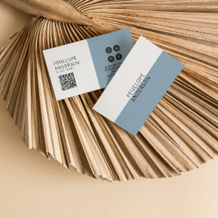 Cartão De Visita Elegante Azul Neutro Código QR Boho Chic Moderno