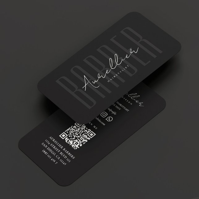 Cartão De Visita Elegante Barber Barbershop Black White Script (Elegant Barber Barbershop Black White Script Business Card
)