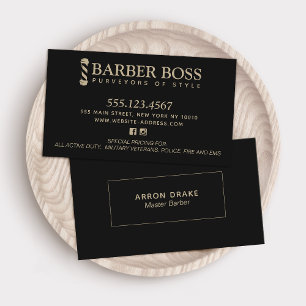 Cartão De Visita Elegante Barber Barbershop Negro e Dourado