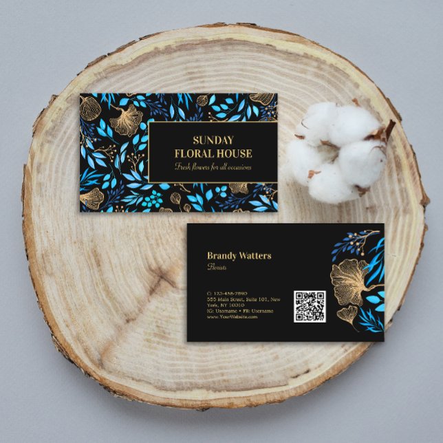 Cartão De Visita Elegante Black Ginkgo Floral Feminina Dourada (Elegant Black Gold Ginkgo Floral Feminine Business Card)
