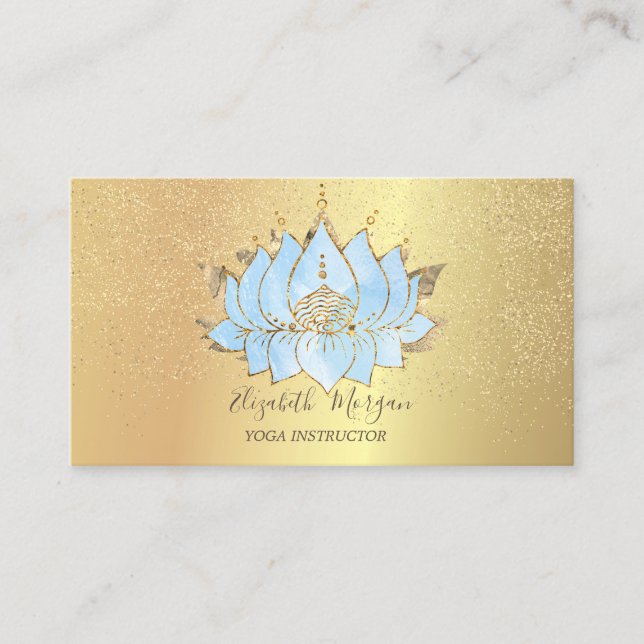 Cartão De Visita Elegante Blue Lotus Dourado Confetti Yoga (Frente)