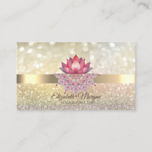 Cartão De Visita Elegante Bokeh Dourado, Flor de Lótus Mandala Yoga