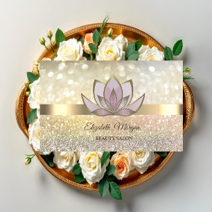Cartão De Visita Elegante Bokeh Dourado, Flores de Lótus