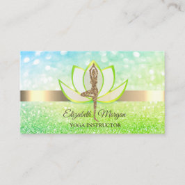 Cartão De Visita Elegante Bokeh Green Lotus Yoga Glitter Girl