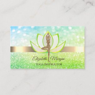 Cartão De Visita Elegante Bokeh Green Lotus Yoga Glitter Girl