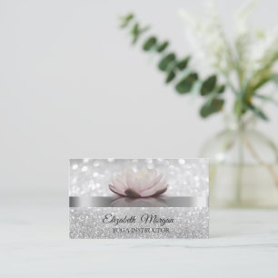 Cartão De Visita Elegante Bokeh Prata, Instrutora de Yoga Flor de L