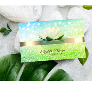 Cartão De Visita Elegante Bokeh Verde Dourado, Flor de Lótus Yoga