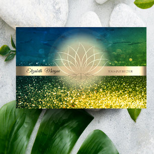 Cartão De Visita Elegante Bokeh Verde Dourado, Instrutor de Yoga Lo