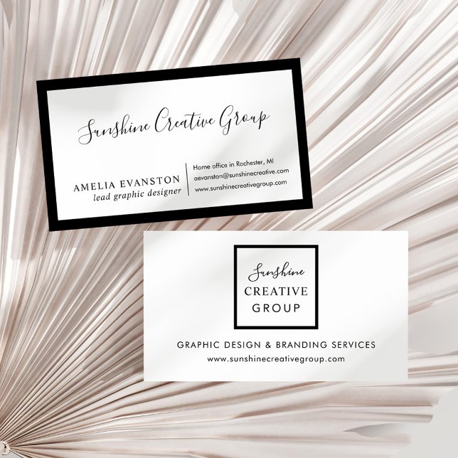Cartão De Visita Elegante Borda Preta Branco Moderno Script (Criador carregado)