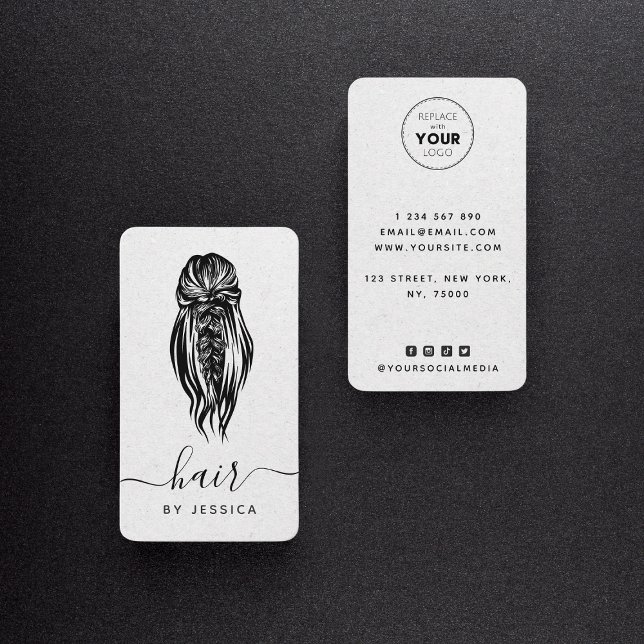 Cartão De Visita Elegante Braid Wavy Hair Salon Cinza Kraft (Criador carregado)