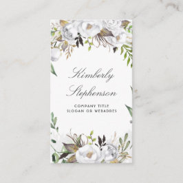 Cartão De Visita Elegante branco e Dourado Floral de Aquarela