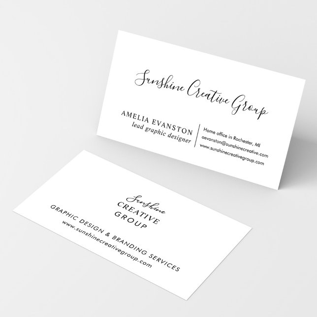 Cartão De Visita Elegante Branco Preto Script Profissional (Criador carregado)
