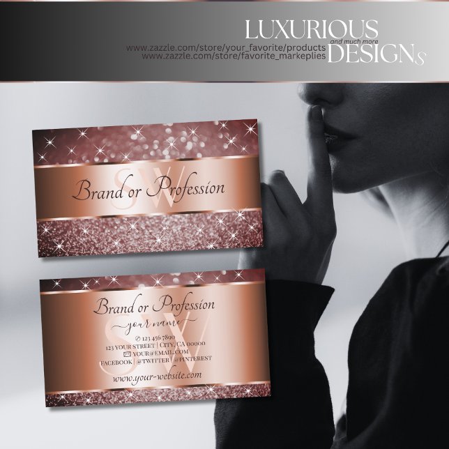 Cartão De Visita Elegante Burgundy Glitter Stars Monograma Rosa Dou (Criador carregado)