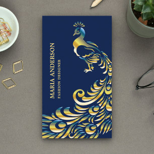 Cartão De Visita Elegante Chic Azul Folha Dourada Brilhante Pavão