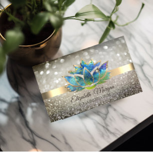 Cartão De Visita Elegante Chic Bokeh Dourado, Blue Lotus Yoga