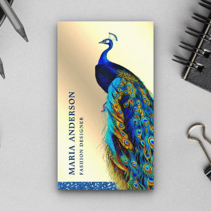 Cartão De Visita Elegante Chic Creme Folha de Ouro Azul Pavão India