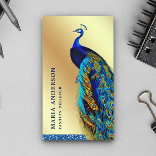 Cartão De Visita Elegante Chic Folha de Ouro Azul Pavão Indiano