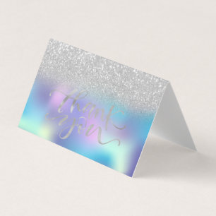Cartão De Visita Elegante Chic Holográfico Prata Bokeh Obrigado