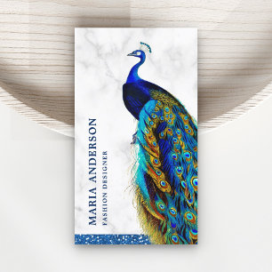 Cartão De Visita Elegante Chic Marmore Branco Pavão Azul Indiano