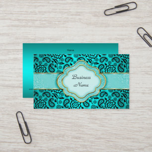 Cartão De Visita Elegante Clássico Azul Teal Paisley Floral Damask