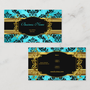 Cartão De Visita Elegante Clássico Azul Turquesa Dourado Damask Flo
