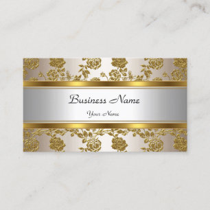 Cartão De Visita Elegante Clássico Dourado Creme Floral