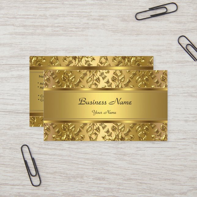 Cartão De Visita Elegante Clássico Dourado Damask Embossed (Frente/Verso In Situ)