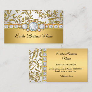 Cartão De Visita Elegante Clássico Dourado Damask Floral White