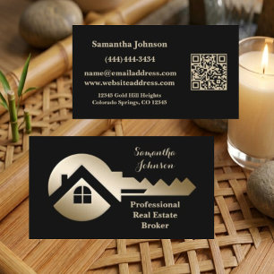 Cartão De Visita Elegante Código QR de Chave Dourada para Imóveis P