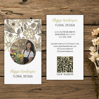 Cartão De Visita Elegante Código QR de Foto Floral Branco e Bege Lo