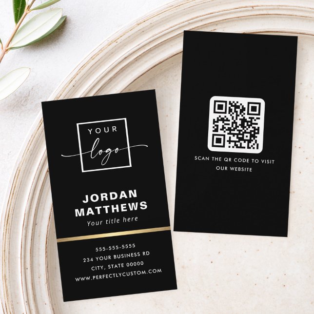 Cartão De Visita Elegante código QR de logotipo com borda de gradie (Elegant logo QR code golden gradient border black Business Card)