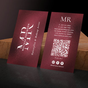 Cartão De Visita Elegante Código QR de Monograma Vermelho Borgonha 