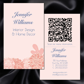 Cartão De Visita Elegante código QR floral rosa e azul-navy