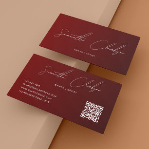 Cartão De Visita Elegante código QR moderno bordô com letra manuscr
