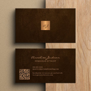 Cartão De Visita Elegante código QR moderno monogramado a ouro