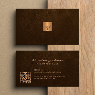 Cartão De Visita Elegante código QR moderno monogramado a ouro
