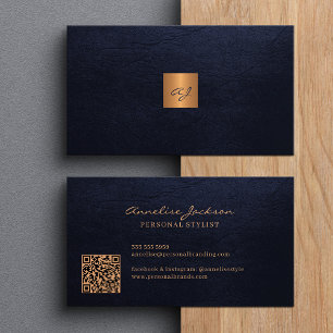 Cartão De Visita Elegante código QR moderno monogramado a ouro azul