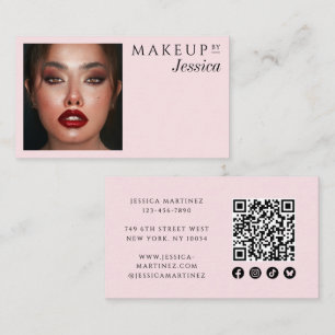 Cartão De Visita Elegante Código QR Rosa Bege Foto Social Maquiagem