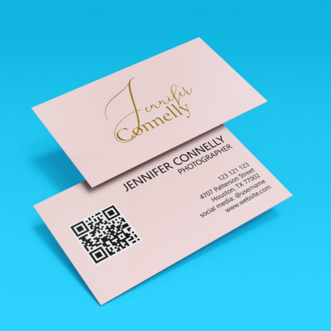 Cartão de Visita Elegante com Código QR Rosa Bege (Criador carregado)