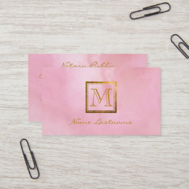 Cartão De Visita Elegante Cor de Água Rosa Lavar Monograma Dourado