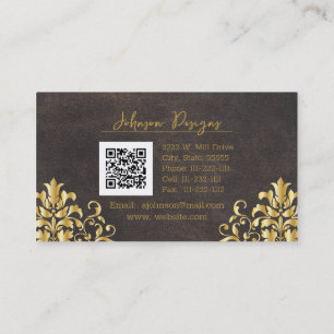 Cartão De Visita Elegante Couro e Damasco Dourado