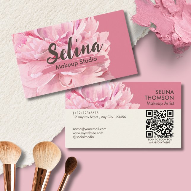 Cartão De Visita Elegante Creme Blush Floral Makeup Studio (Criador carregado)