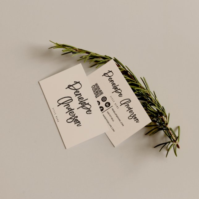 Cartão De Visita Elegante Creme de Boho Cacau Código QR Moderno Úni (Criador carregado)