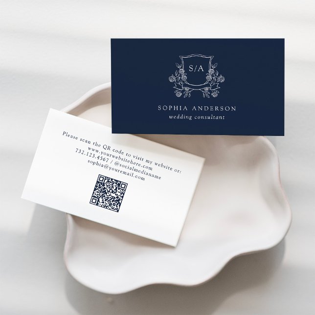 Cartão De Visita Elegante Crest e Monograma | Azul Marinho escuro (Criador carregado)
