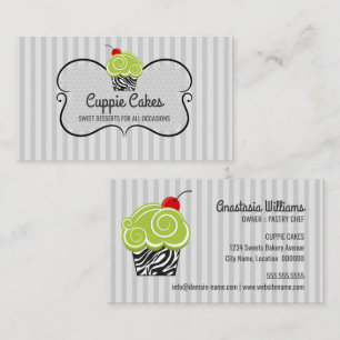 Cartão De Visita Elegante Cupcake de Bolos com Padrão Verde e Zebra