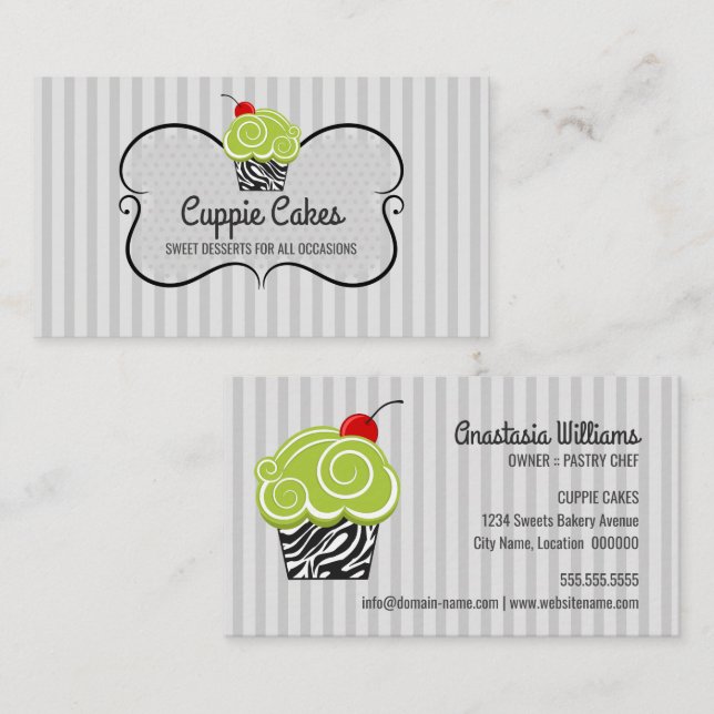 Cartão De Visita Elegante Cupcake de Bolos com Padrão Verde e Zebra (Frente/Verso)